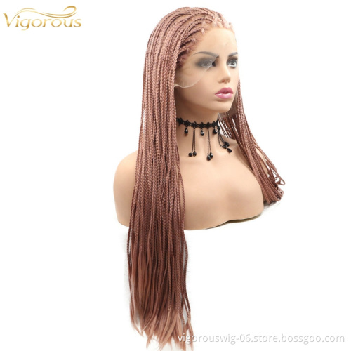 Long straight brown cheap wholesale high quality heat resistant synthetic braided wig with lace front